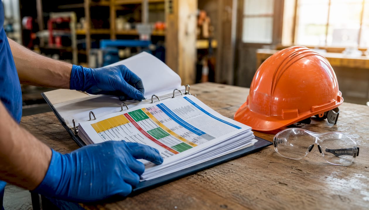 Hands holding industrial safety certificates with helmet
