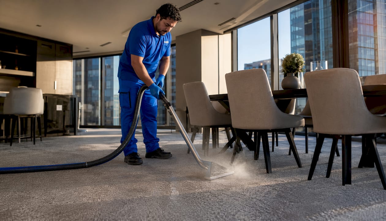 Professional steam cleaner in modern home
