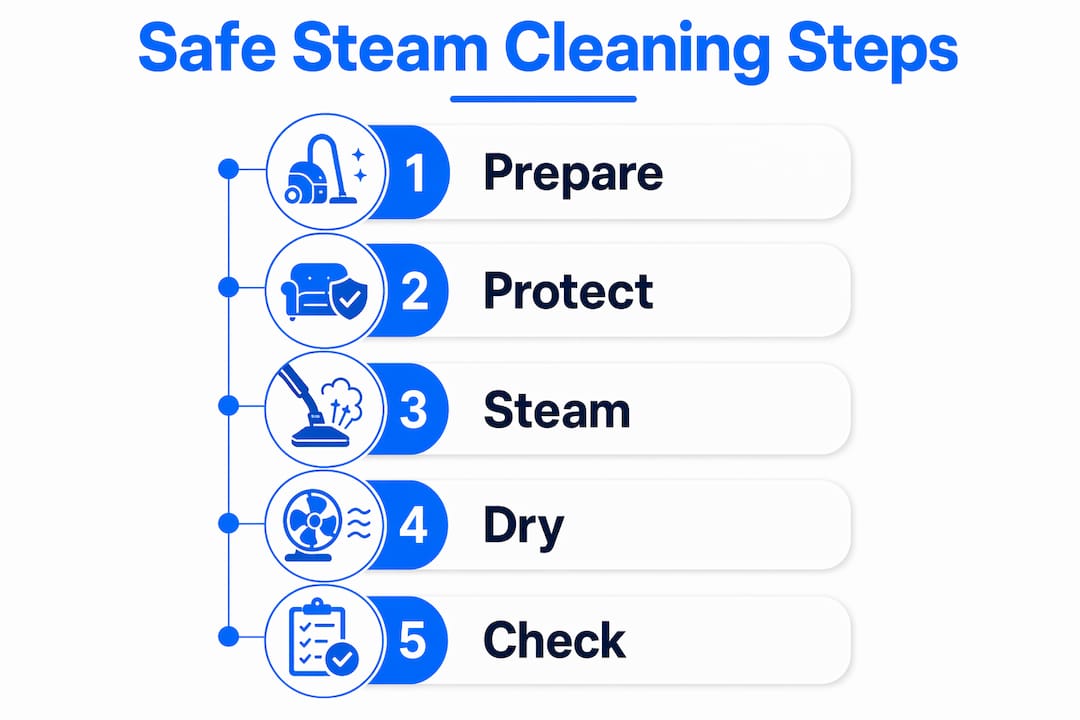 Infographic illustrating steam cleaning steps