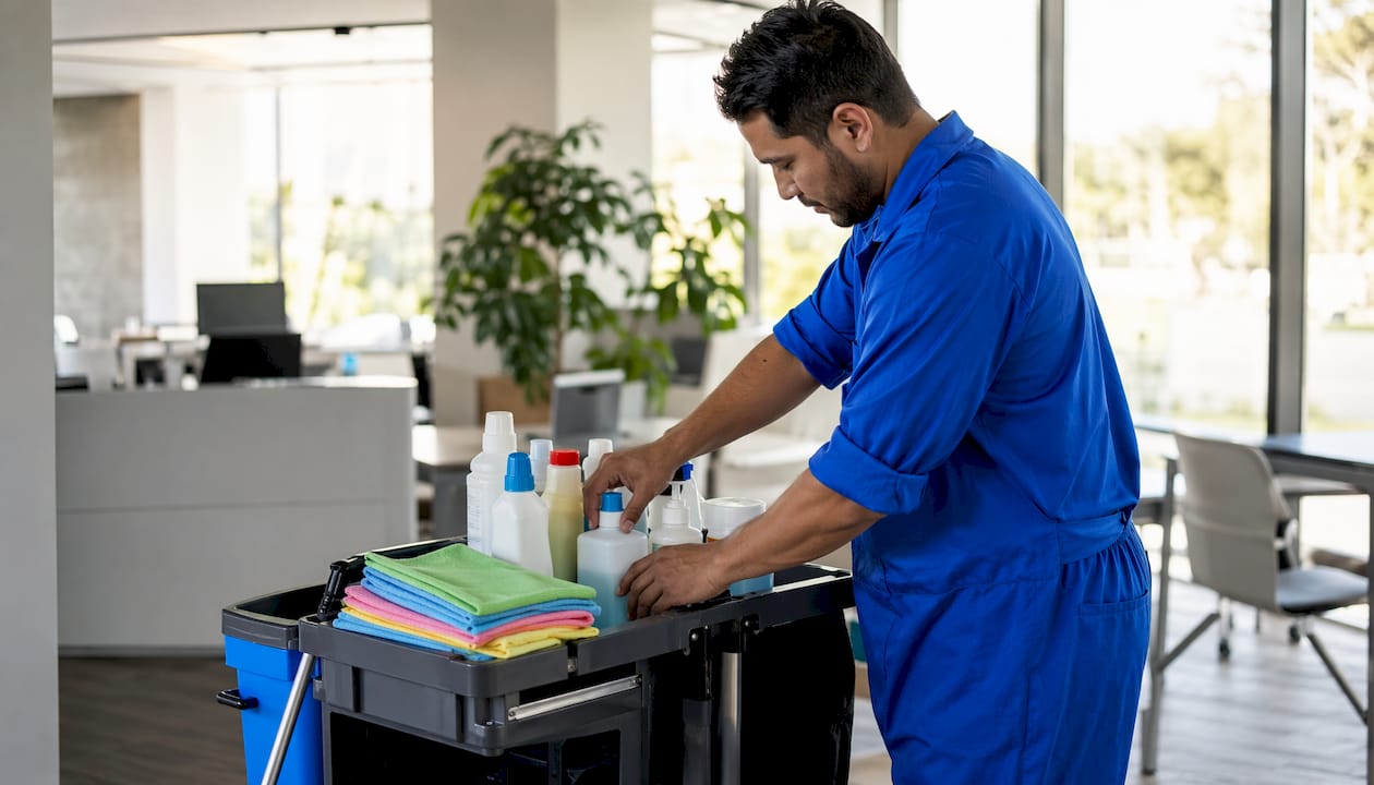 Commercial cleaner organizing cart supplies