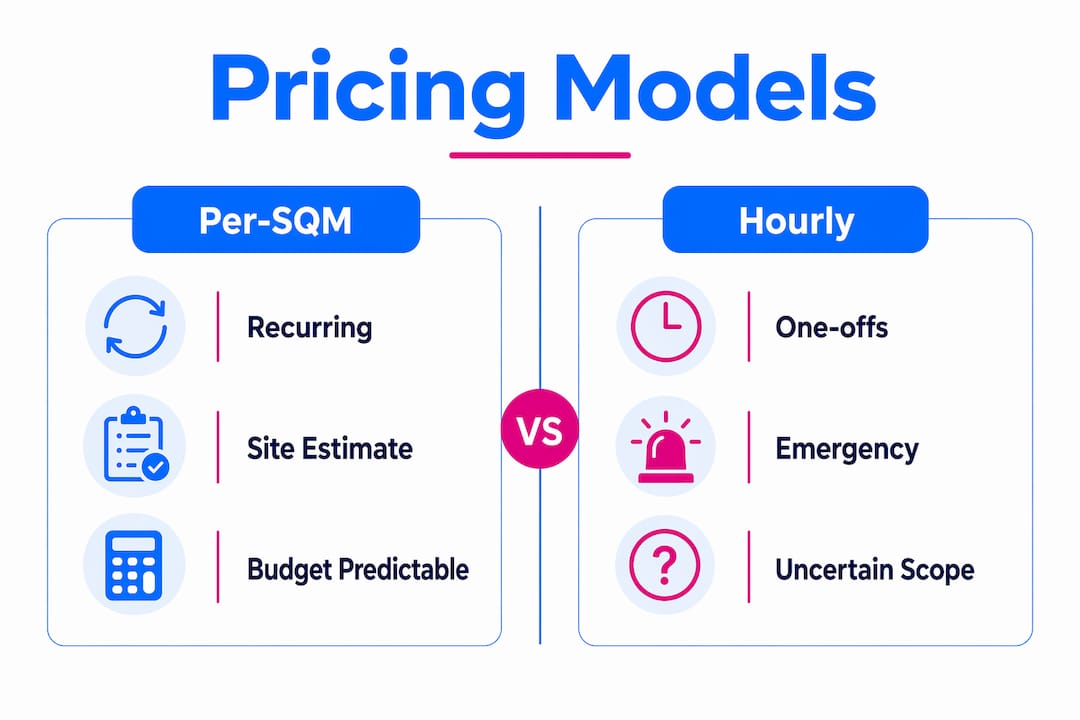 Infographic comparing per-sqm and hourly cleaning pricing models