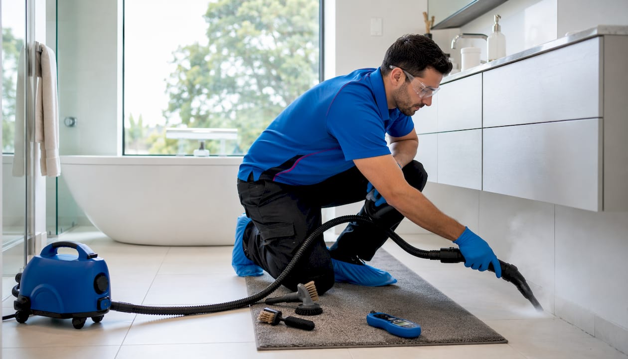 Technician steam cleaning bathroom grout