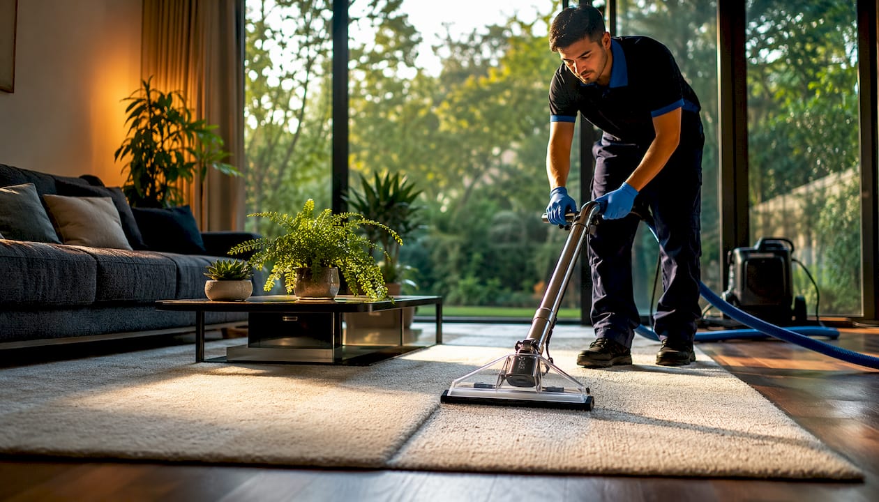 Professional technician steam cleaning carpet in office