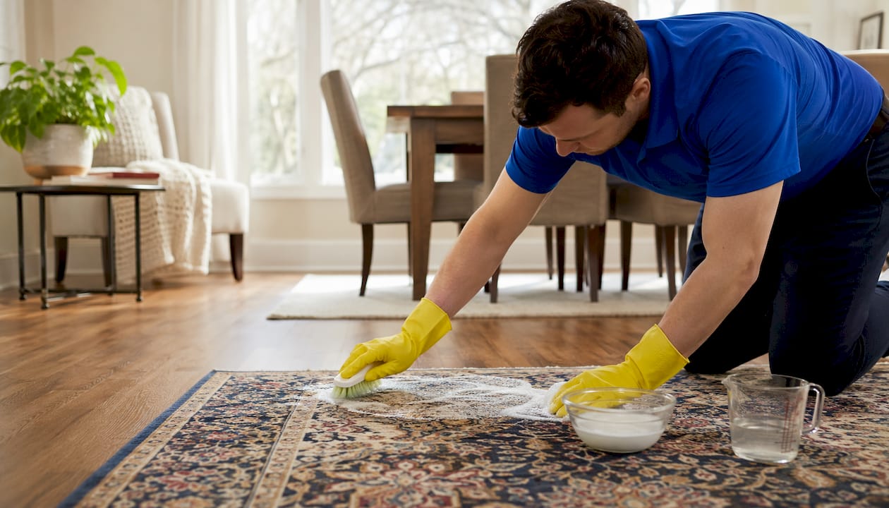 Hands applying cleaning solution on carpet