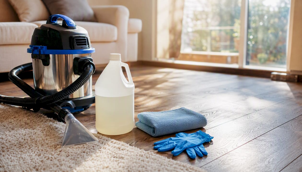 Carpet cleaning supplies including enzyme cleaner and vacuum