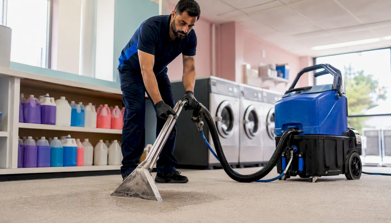 Technician using carpet steam cleaner for odour removal