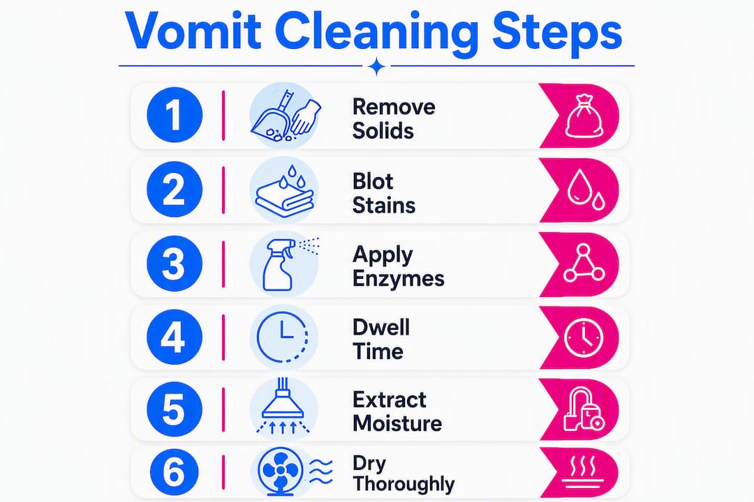 Infographic showing step-by-step vomit carpet cleaning process