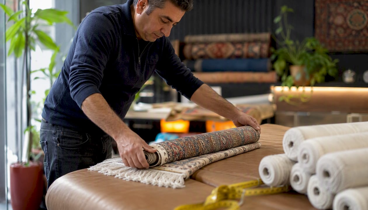Technician rolling silk rug carefully
