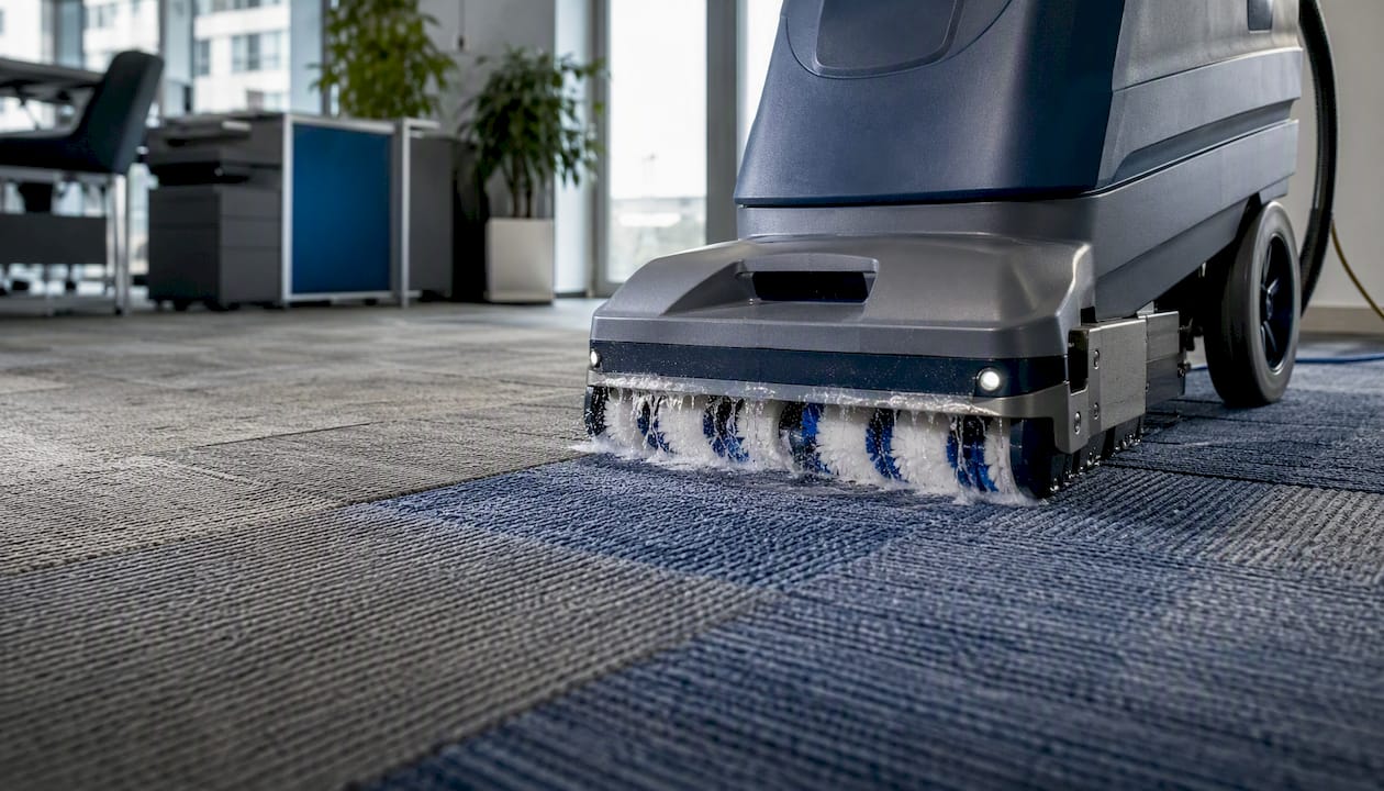 Encapsulation carpet cleaning machine on carpet tiles