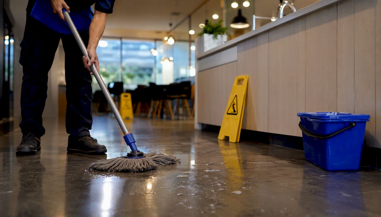 Mop and wet floor signs in office reception