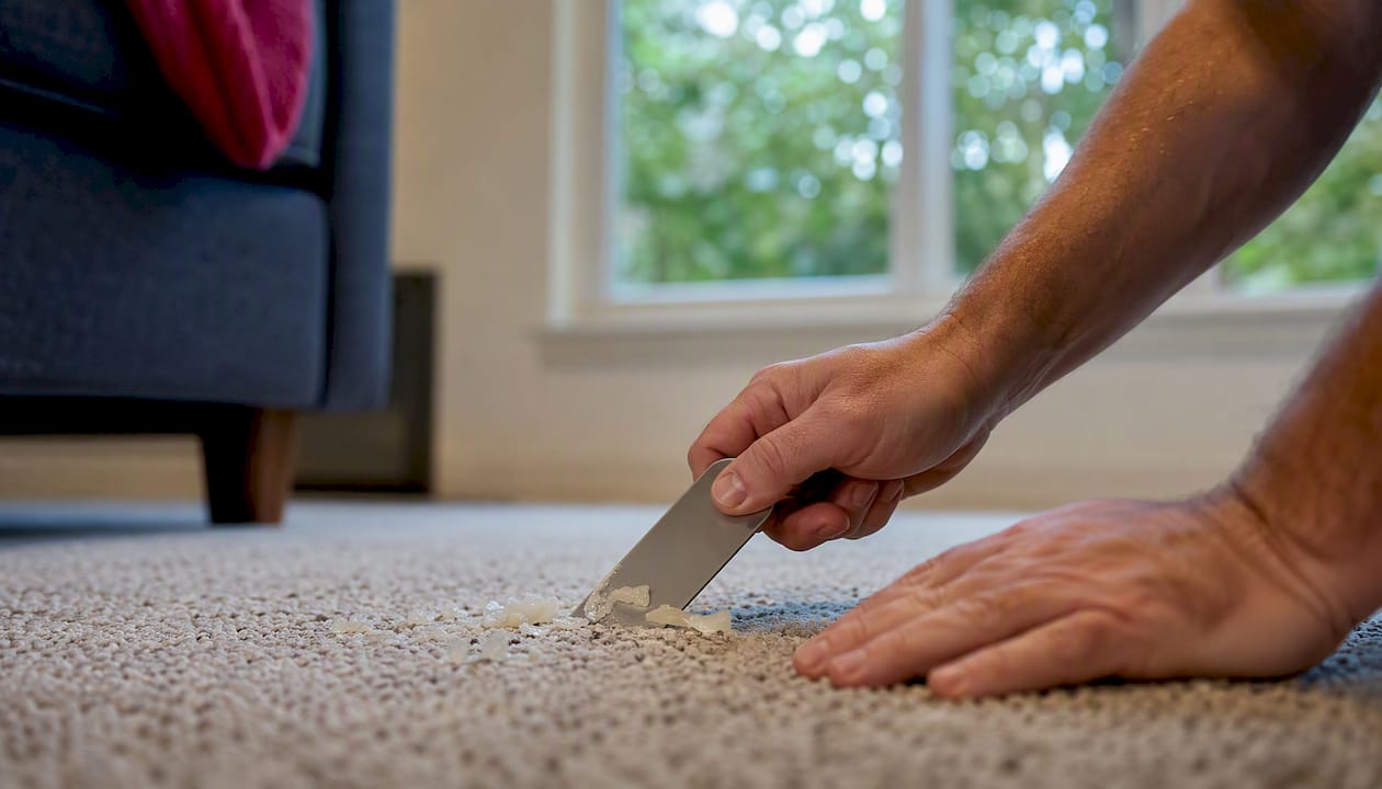 Hands scraping candle wax shards from carpet