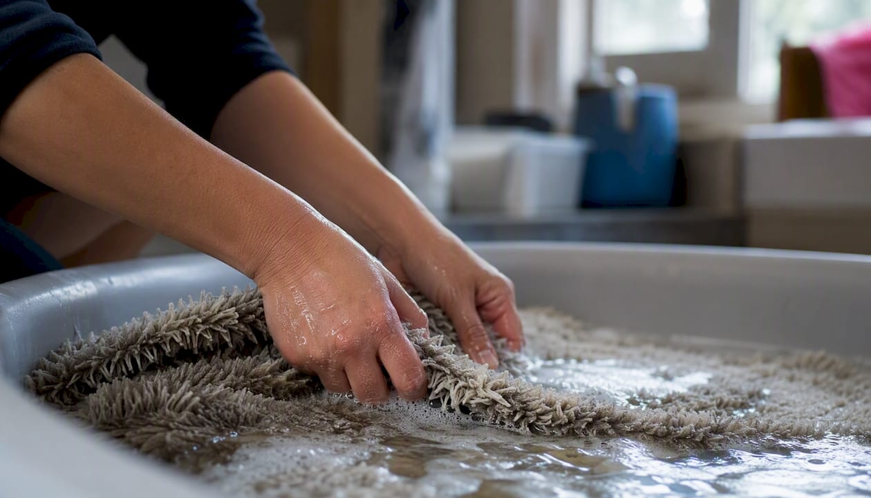 Hands hand-washing synthetic shag rug