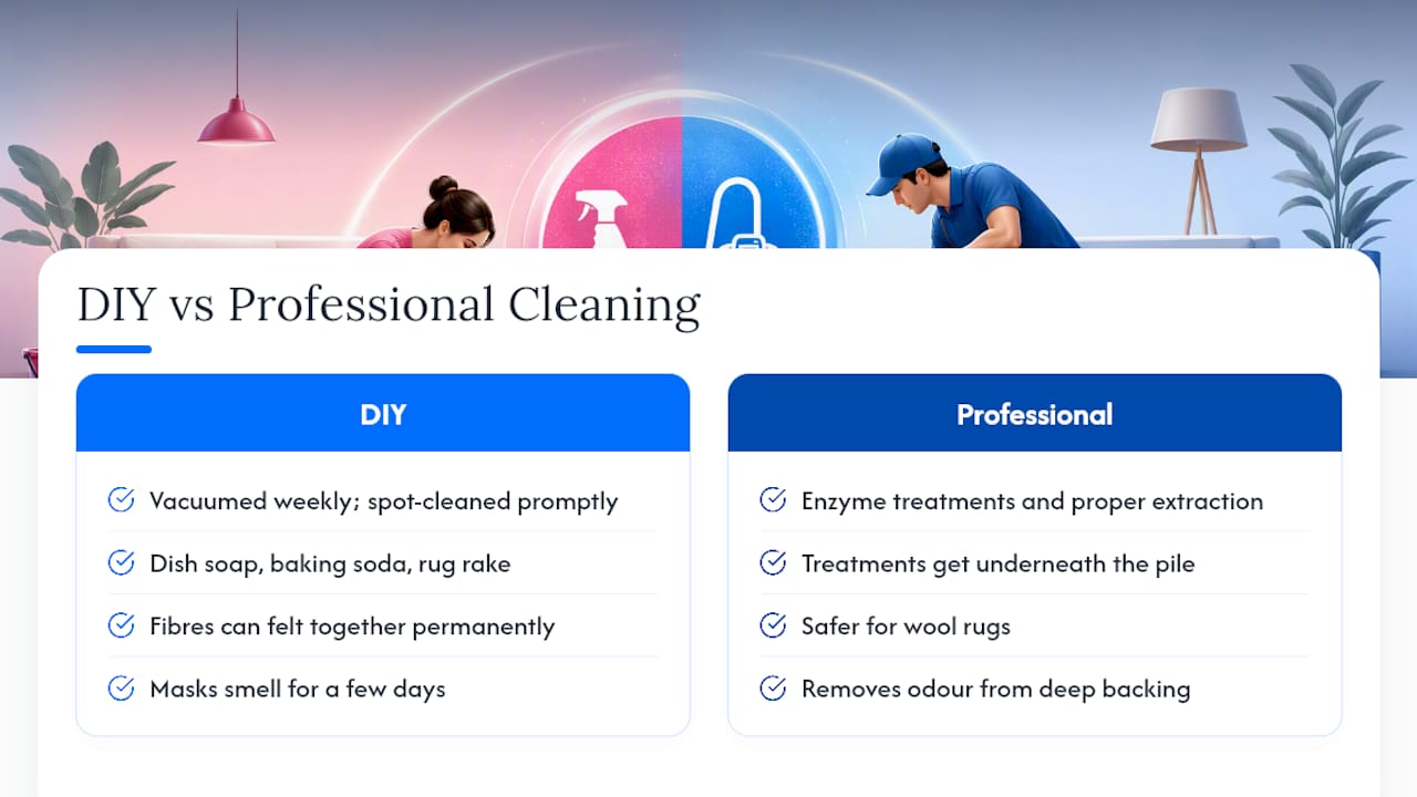 Comparison infographic of DIY and professional shag rug cleaning