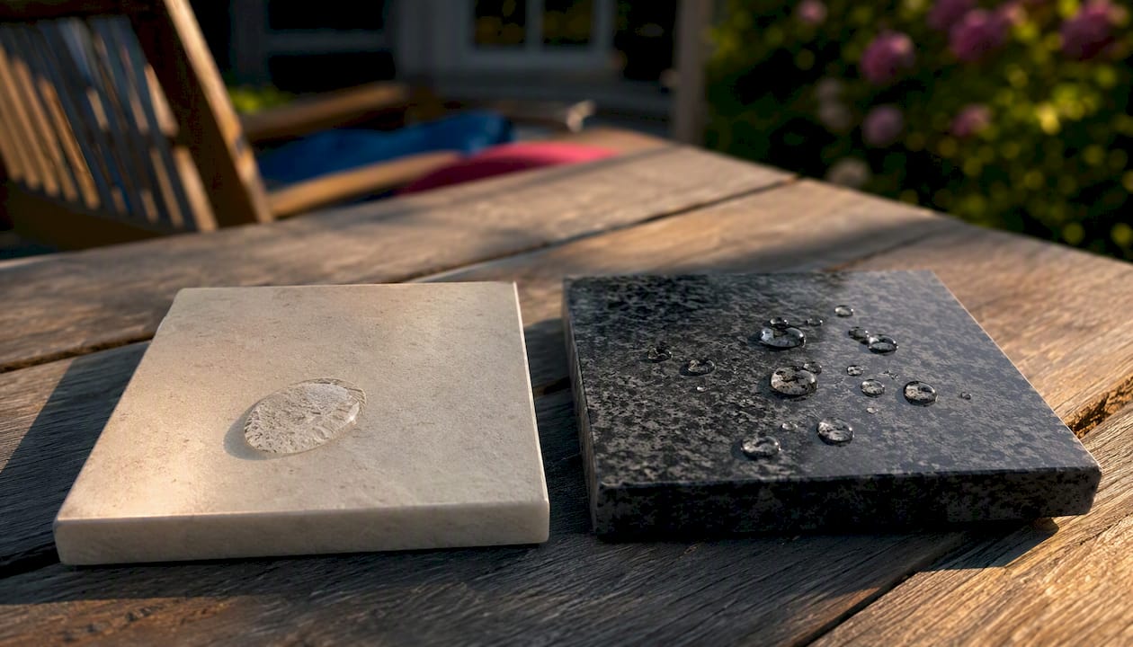 Calcareous and siliceous stone tile samples with water test