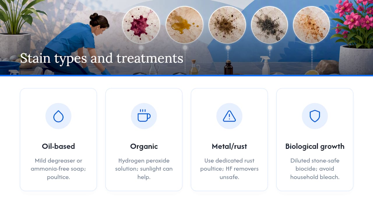 Diagram of natural stone stain types and cleaning methods