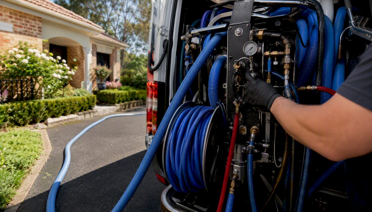 Truck-mounted carpet cleaning machine equipment on driveway