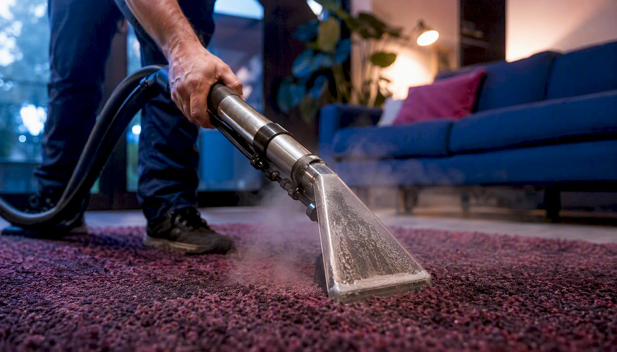 Close-up of carpet extraction wand in use