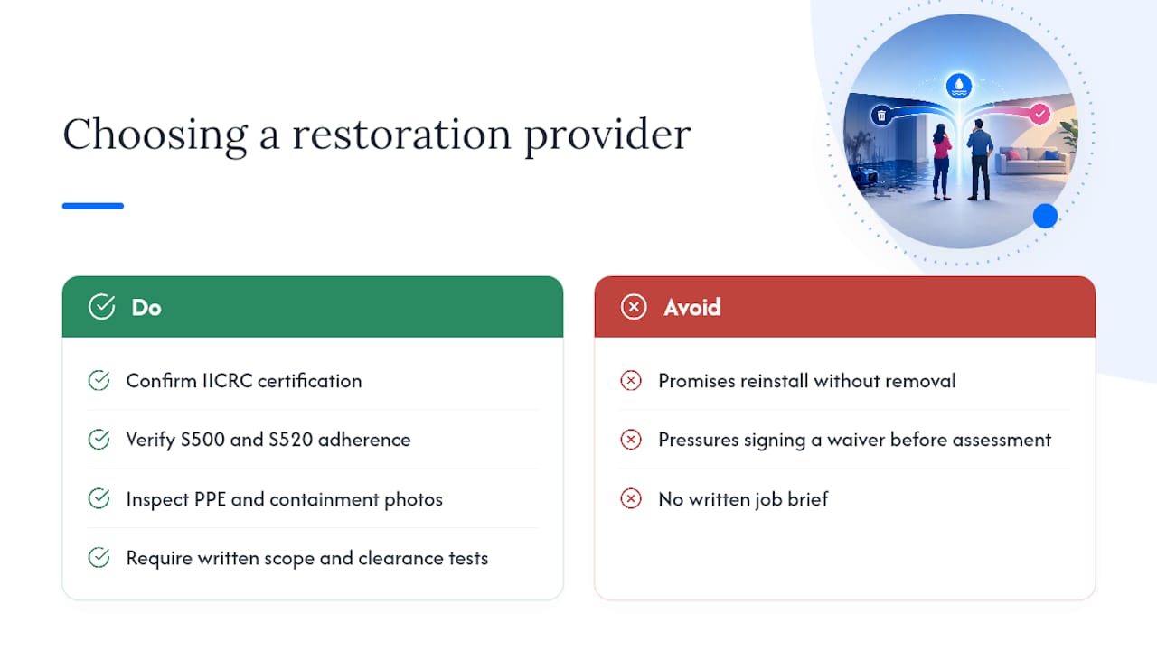 Checklist infographic of restoration provider vetting criteria