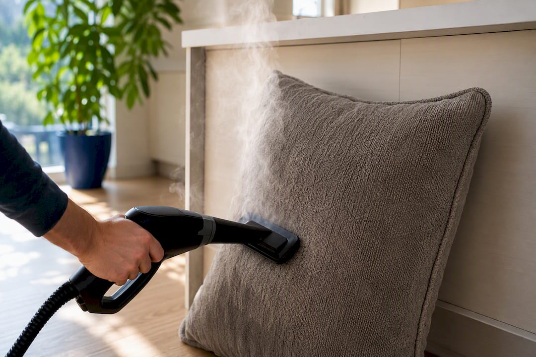 Using handheld steamer on microfibre couch cushion