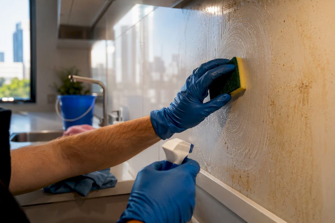 Hands applying degreaser to kitchen wall