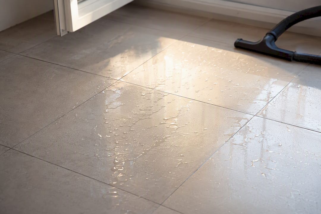 Water droplets near steam cleaning hose on tiles