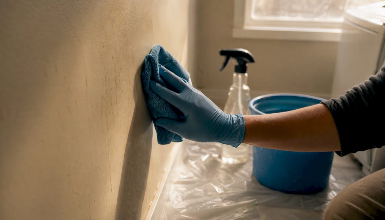 Hand wiping wall with mild cleaning solution