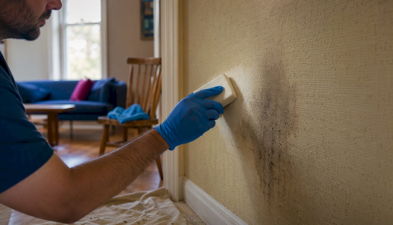 Gloved hand using dry sponge on nicotine stained wall