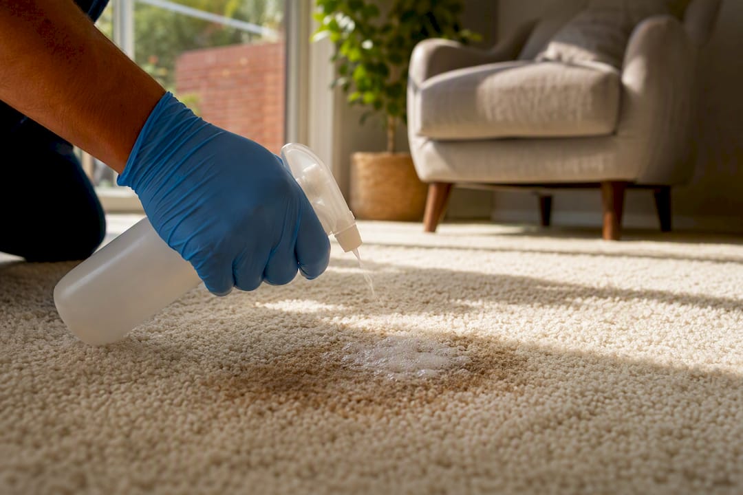 Hand applying enzyme treatment to carpet stain