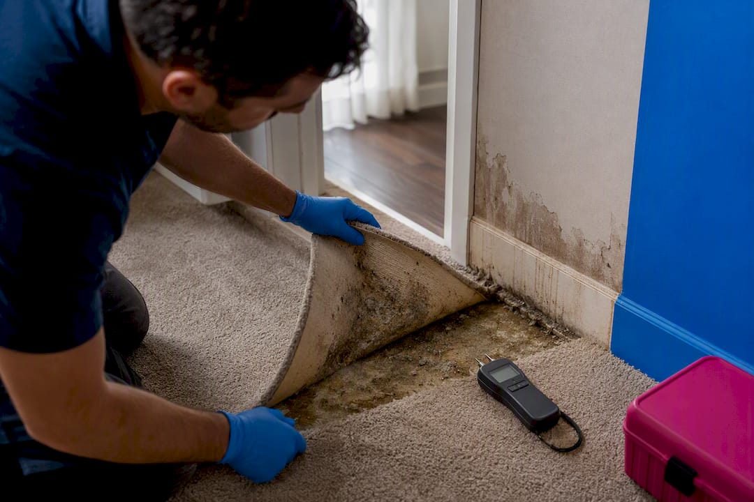 Damp carpet underlay exposed after flooding