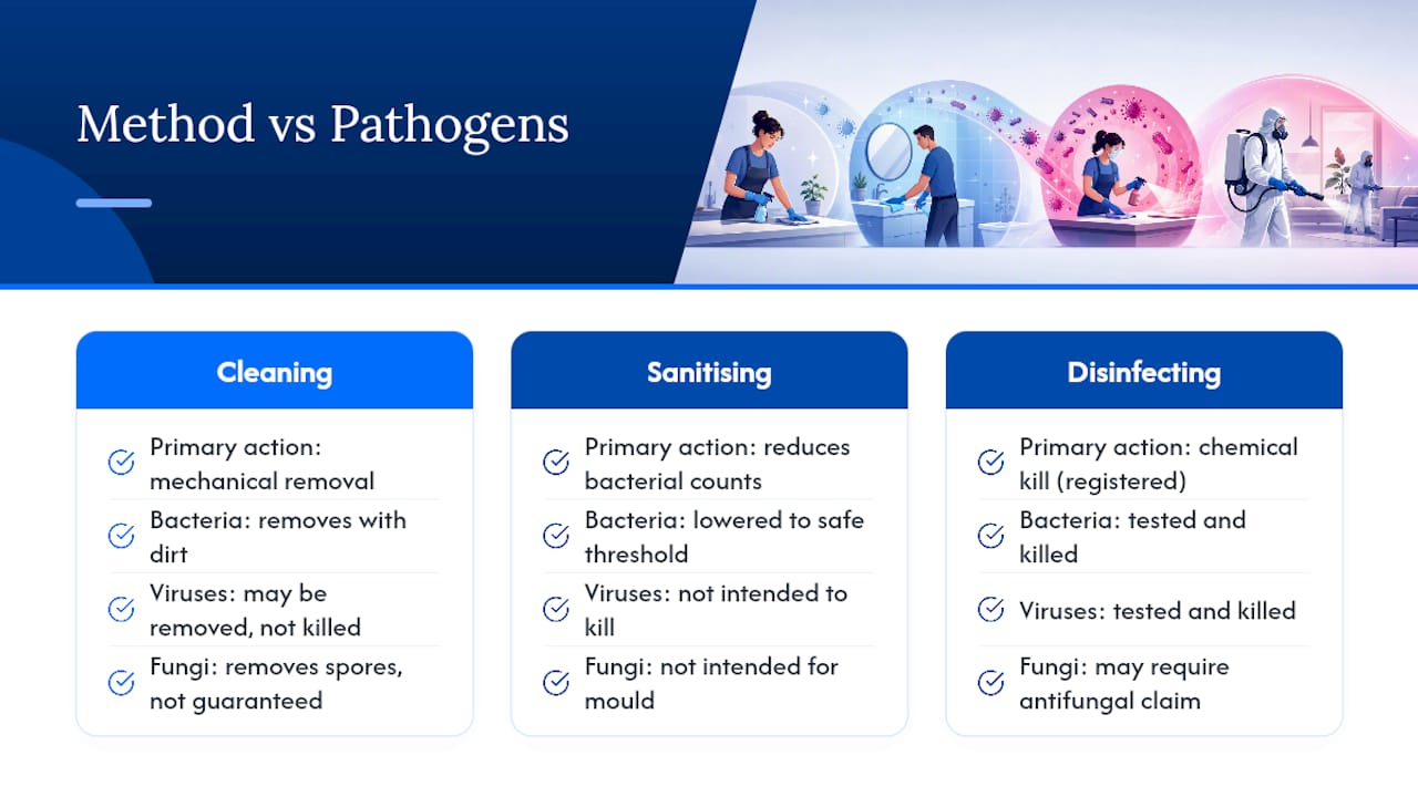 Comparison of cleaning sanitising and disinfecting methods