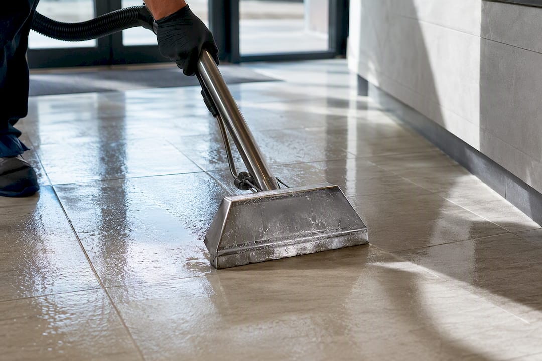 Technician extracting residue from tiled floor
