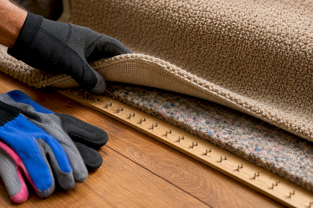 Gloved hand inspecting carpet tack strip
